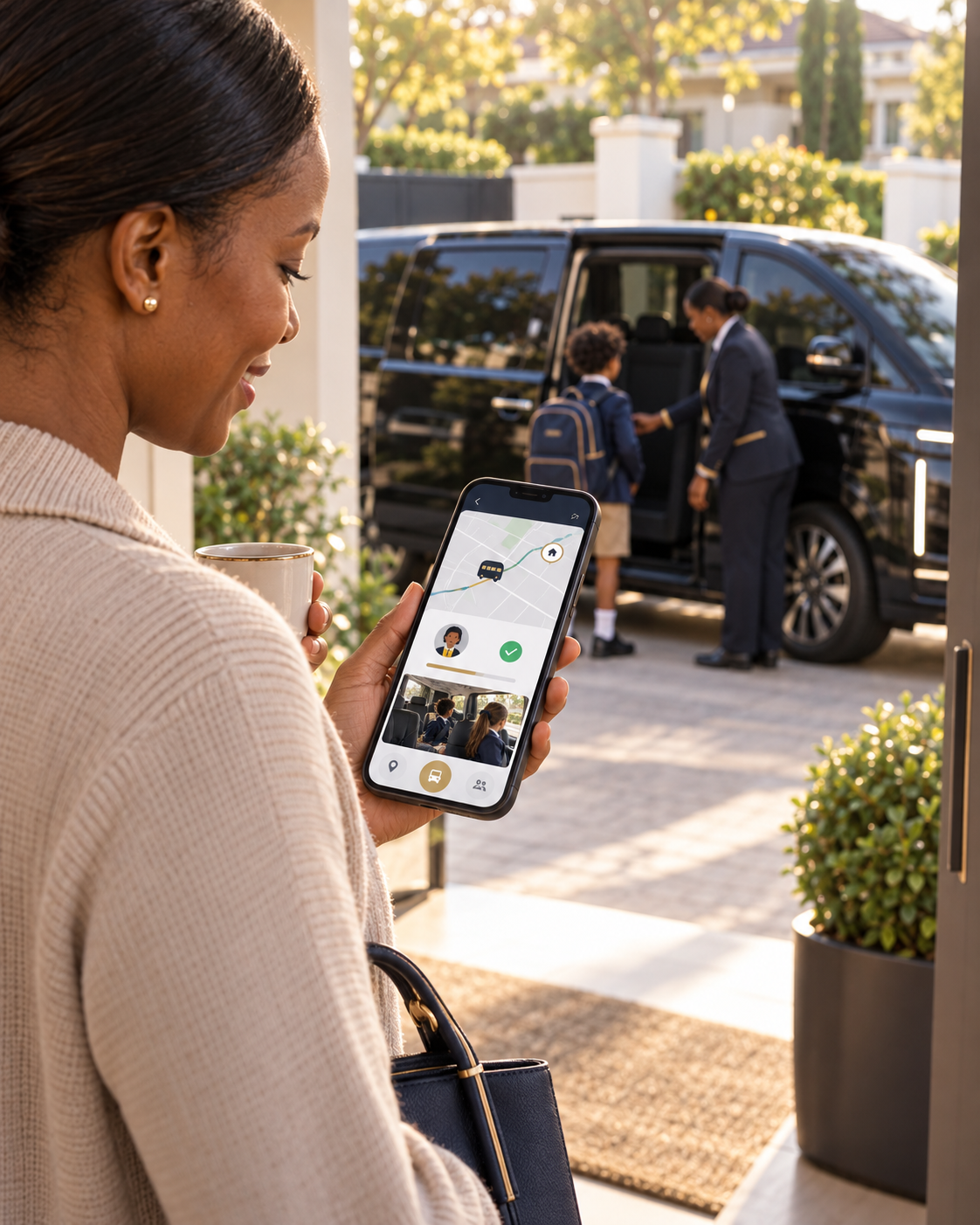 Parent viewing a school transport app while an attendant helps a child into a Hyundai Staria