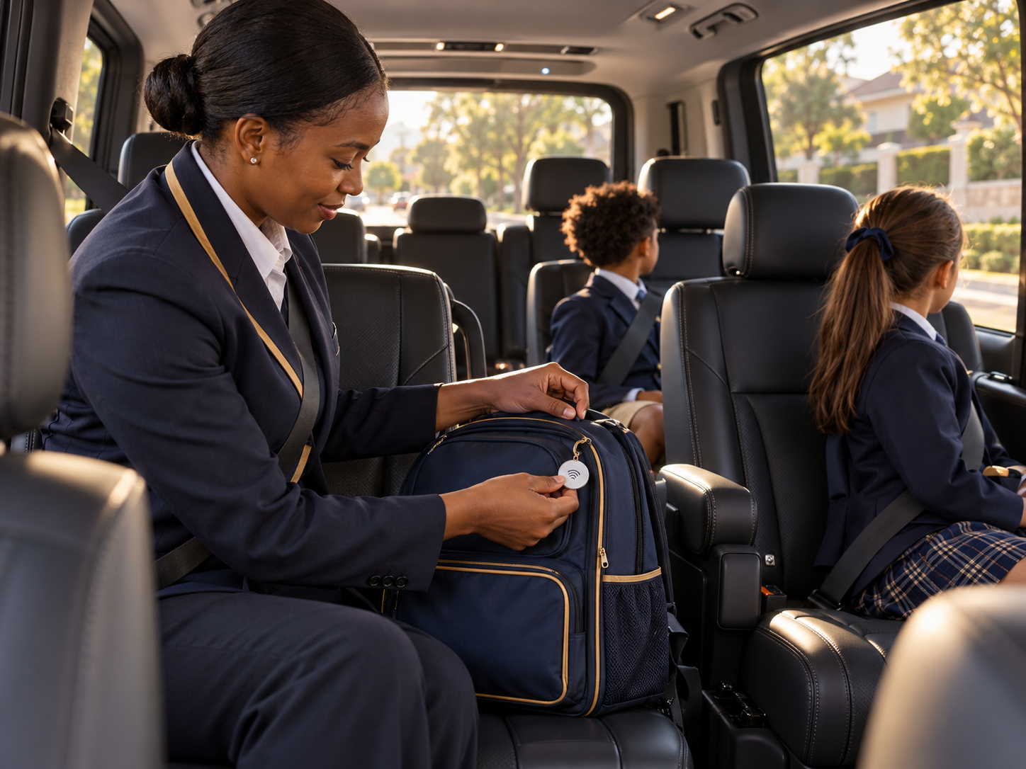 Female attendant checking a child's tagged school backpack inside a Hyundai Staria