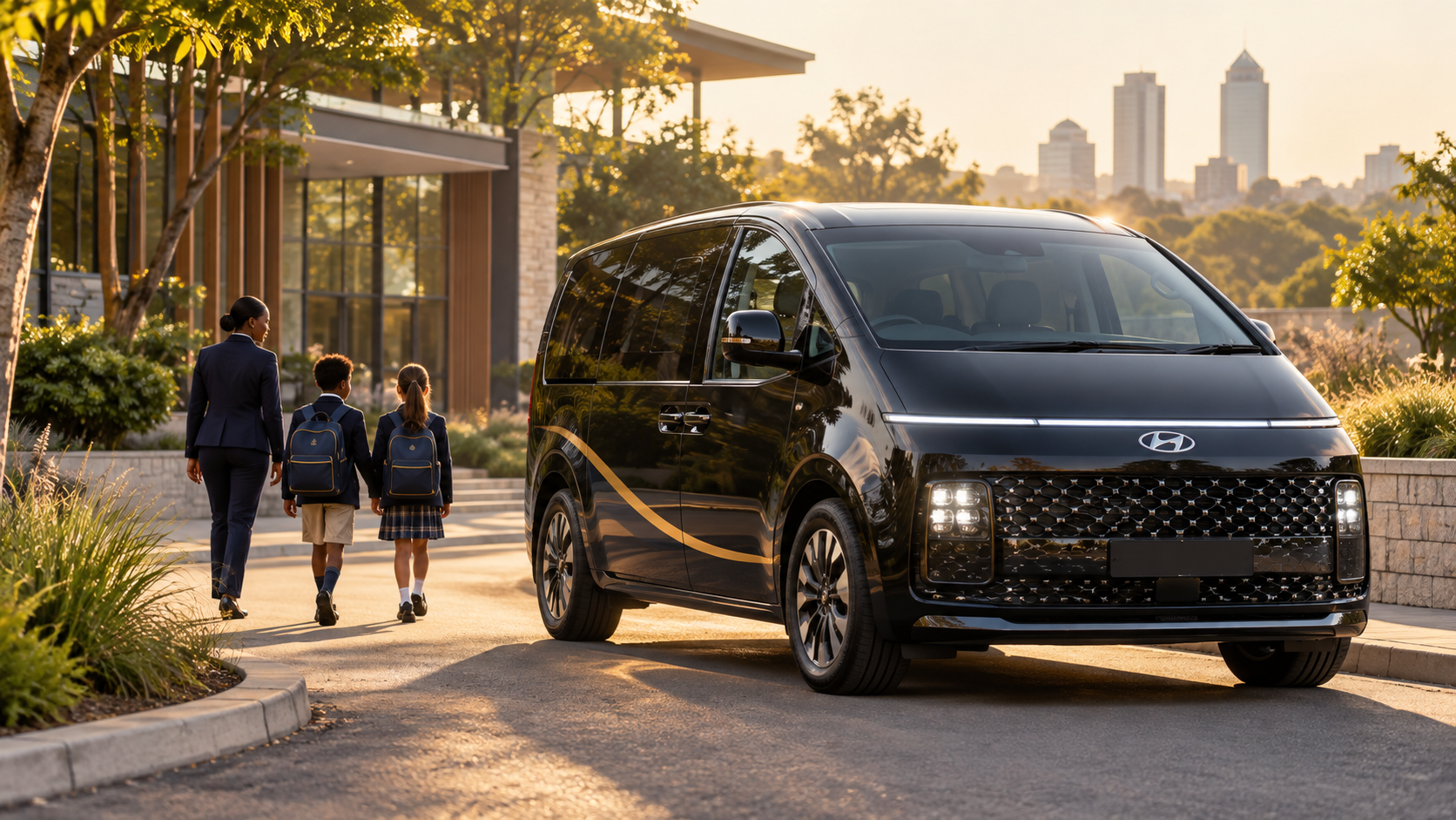 Black Hyundai Staria arriving at a school as a female attendant walks with two children carrying backpacks